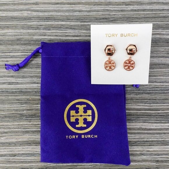 Tory Burch Hexagon Circle Logo Drop Earrings Rose Gold OS - Picture 9 of 12